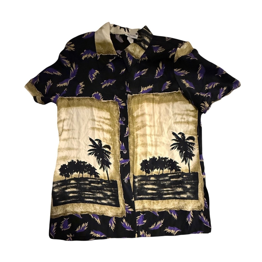 K Studio Vintage Tropical Palm Tree Shirt Womens 12 Black Purple Shoulder Pads